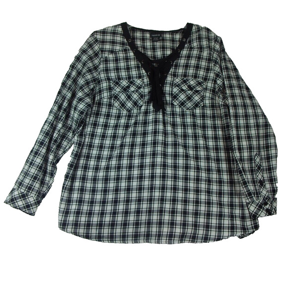 Torrid Women's Shirt Plus Size 1X Black Plaid Lace Up Notch Neck Long Sleeve‎ - Picture 1 of 8